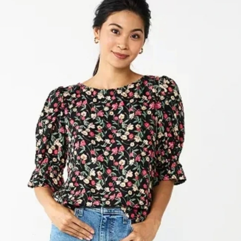 Draper James Puff Short Sleeve Floral Rose  Blouse Top